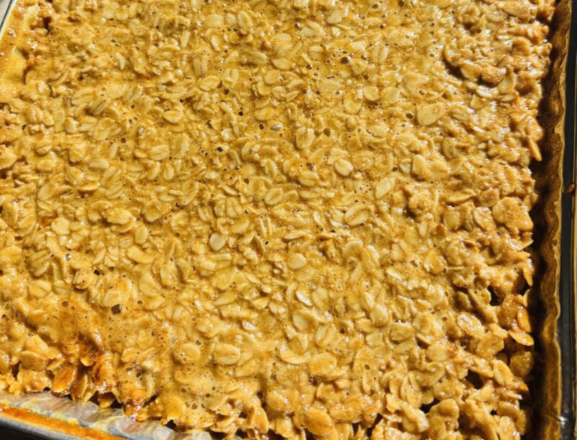 Baked flapjack tray showing a golden finish from sweet barley malt