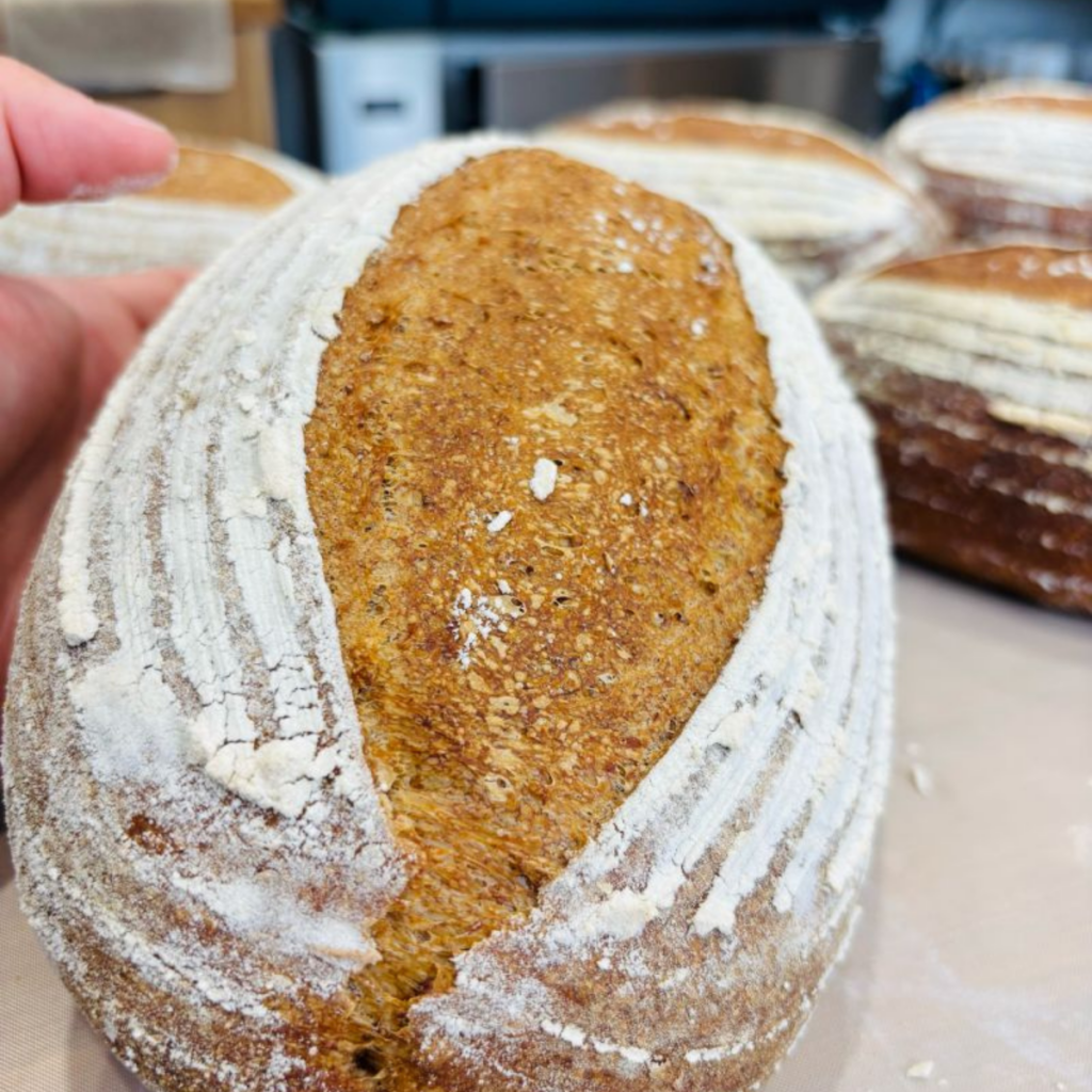 High-fibre sourdough with an open, even crumb despite over 10g fibre per 100g