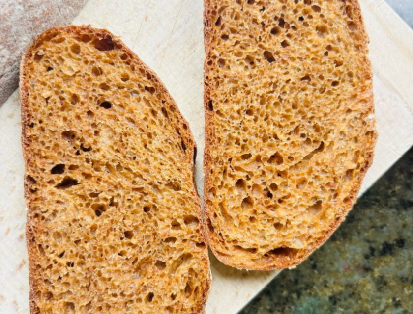 Open crumb of a high-fibre sourdough loaf made with Red Lammas wheat